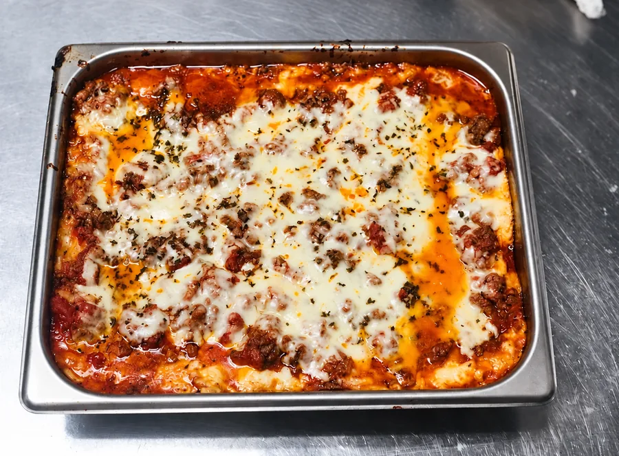 Tray of Beef Lasagna with melted cheese on top