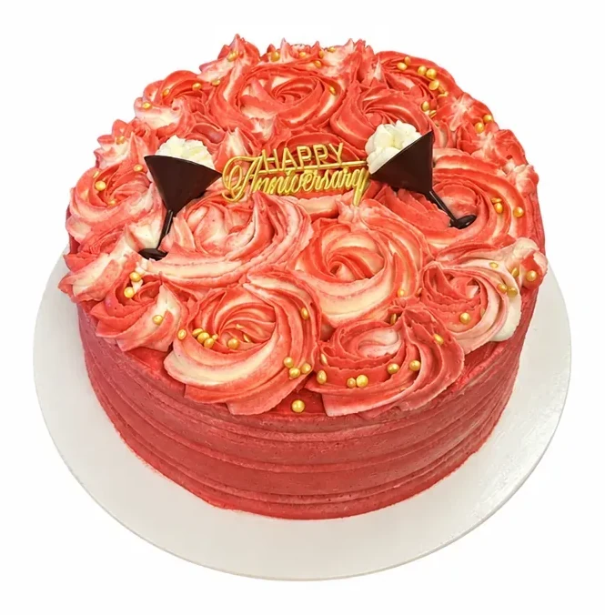 Ciroc Red Berry Red Velvet Cake with red frosting rosettes and a Happy Anniversary topper