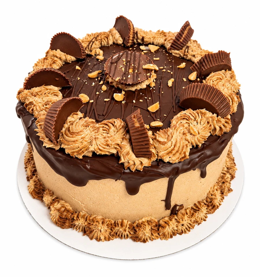 Layer cake with chocolate drip, piped frosting and peanut butter cups on top