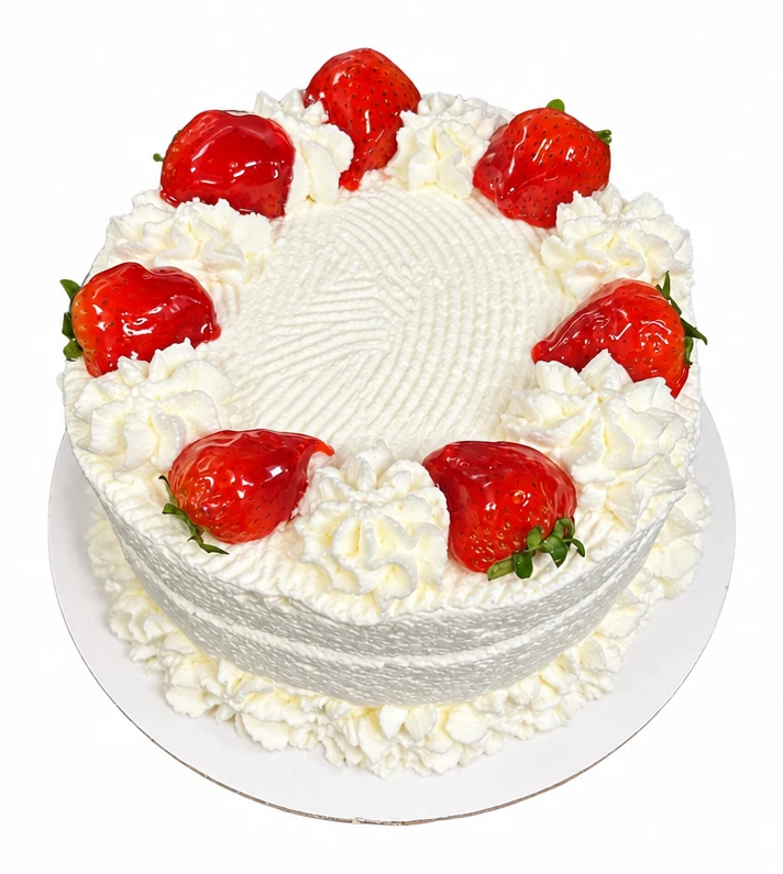 White frosted cake ringed with whole strawberries