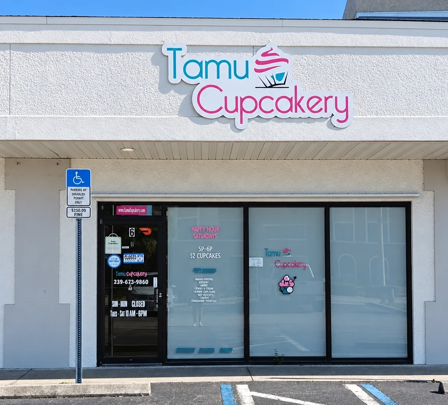Storefront of Tamu Cupcakery in Cape Coral with the teal and pink cupcake sign above the door