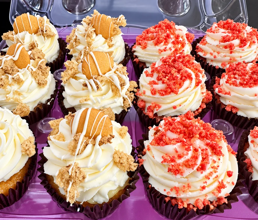 Tray of cupcakes with cream frosting and orange crumble